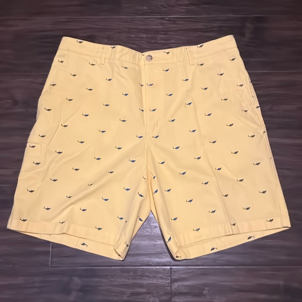Boca mens cotton dress shorts. Yellow with blue sharks. Size 38